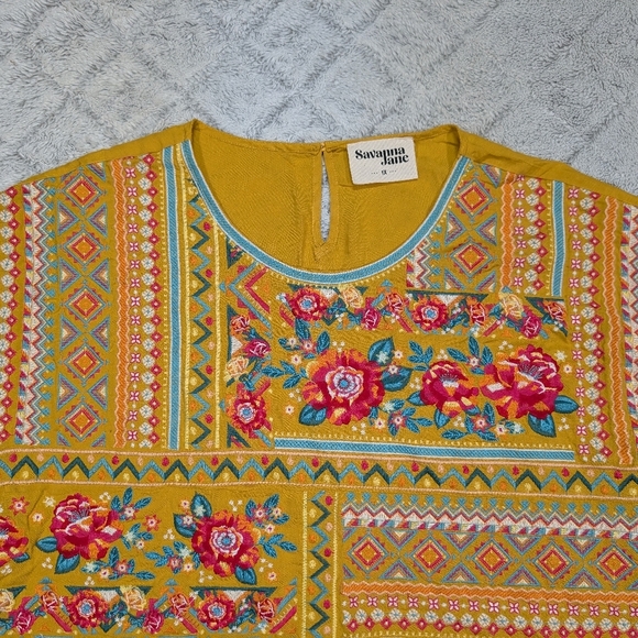 Savanna Jane Top Womens 1X Yellow Embroidered Floral Cap Sleeve Boho Chic - Picture 2 of 8